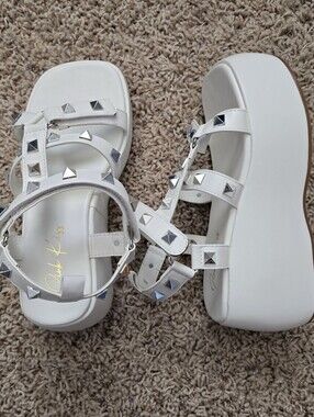 Pink Kiss Frankie White Studded Platform Velcro Sandals - women's 7